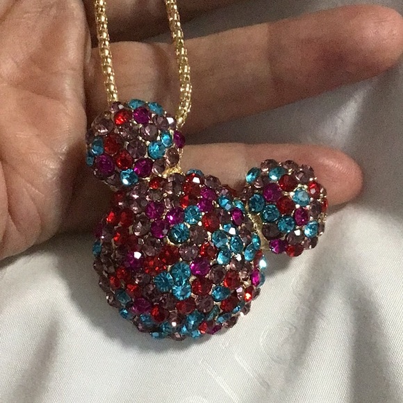 Betsey Johnson. Gold Tone Colorful Rhinestones Mickey Brooch/Necklace - Picture 4 of 10